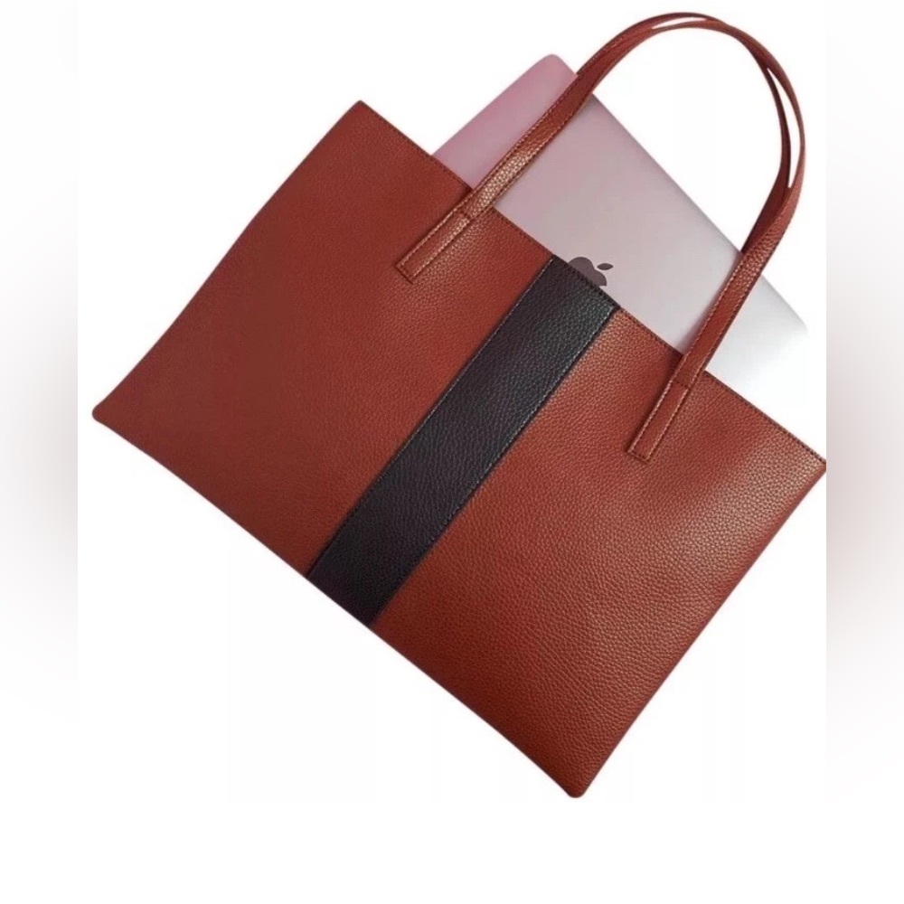 VINCE CAMUTO ‘Luck Tote’ Tumbled Brown Vegan Leather Black Stripe Bag Carryall